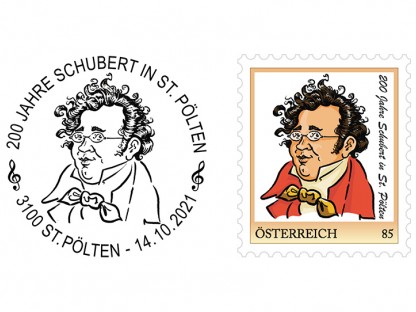 Personalisierten Briefmarke und Sonderstempel „200 Jahre Franz Schubert in St. Pölten“. (Foto: Alfred Gugerell)