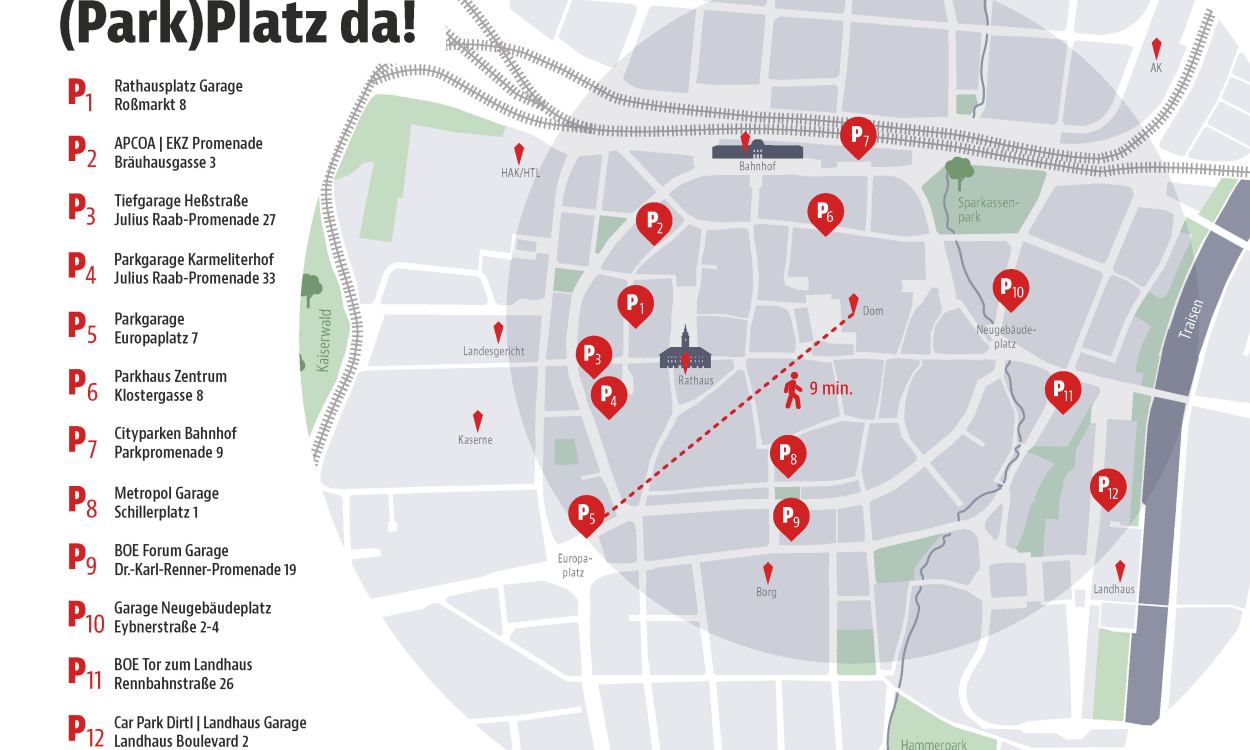 Eine Karte mit allen Parkplätzen der St. Pöltner Innenstadt. (Grafik: ZOOM VP.AT | Marketing St. Pölten GmbH)