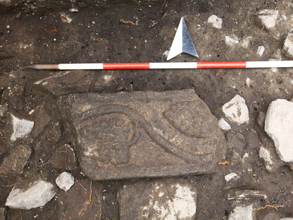 Eine Abbildung des Fundes von einem römerzeitlichen reliefierten Stein mit der Darstellung von Weintrauben auf einer Ranke. (Foto: Stadtmuseum St. Pölten )