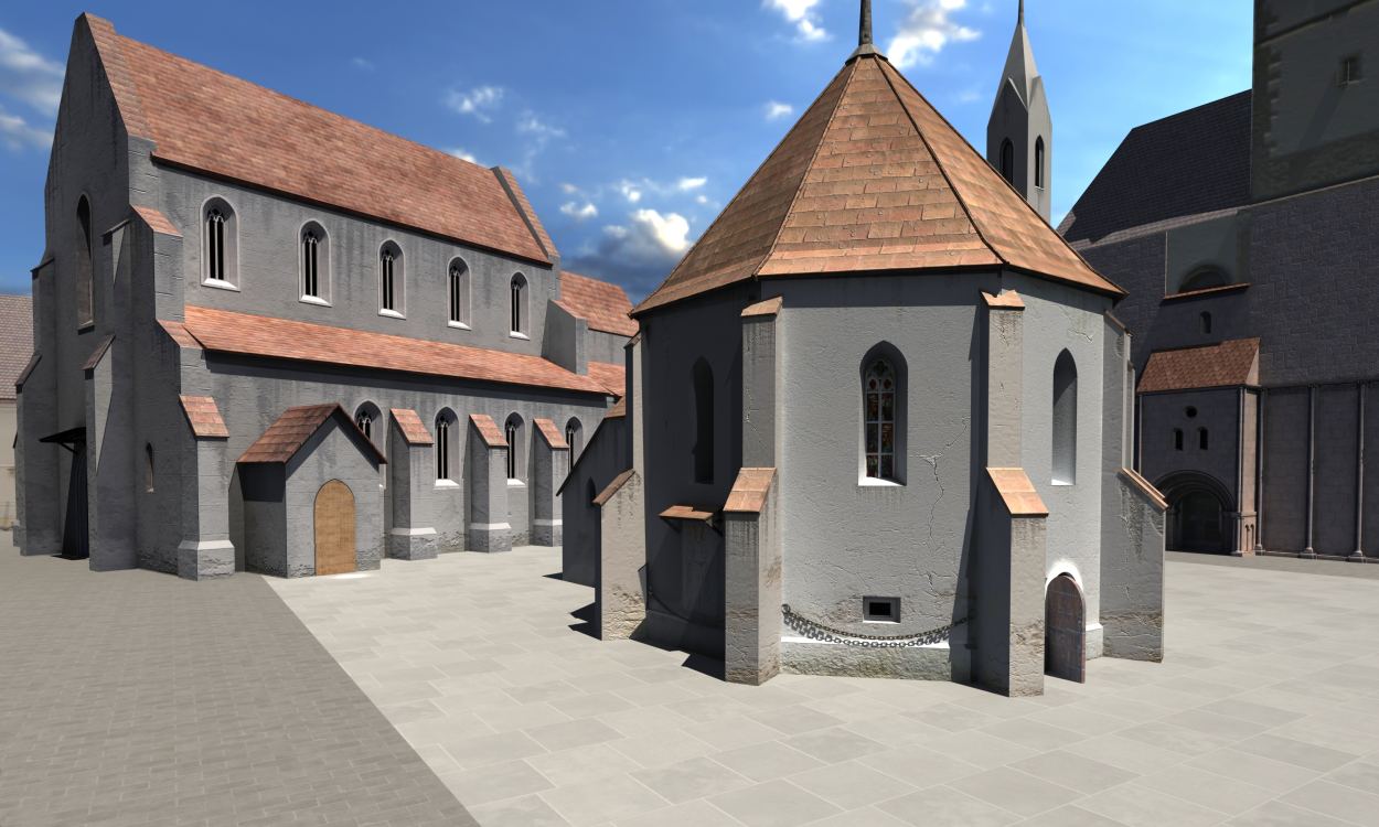 Die Leutkirche und die Andreaskapelle am heutigen Domplatz visualisiert. (Visualisierung: 7reasons)