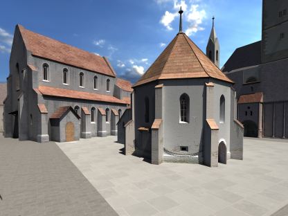 Die Leutkirche und die Andreaskapelle am heutigen Domplatz visualisiert. (Visualisierung: 7reasons)