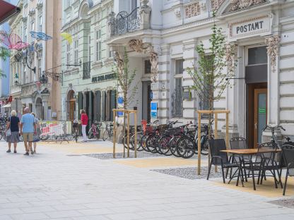 Neugepflanzte Bäume in der Innenstadt vor der ehemaligen Post. (Foto: Arman Kalteis)