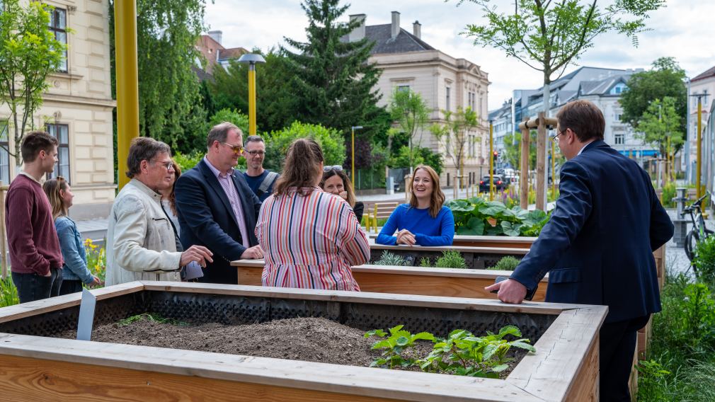 Ein Gruppenfoto der neuen Pat:innen gemeinsam mit Bürgermeister Matthias Stadler bei den neuen Hochbeeten am Promenadenring. (Foto: Christian Krückel) 